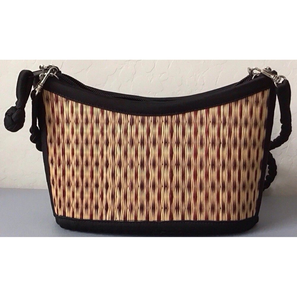 Baskets of Cambodia Woven Grass Straw Crossbody Shoulder Handbag Tan Black NWOT